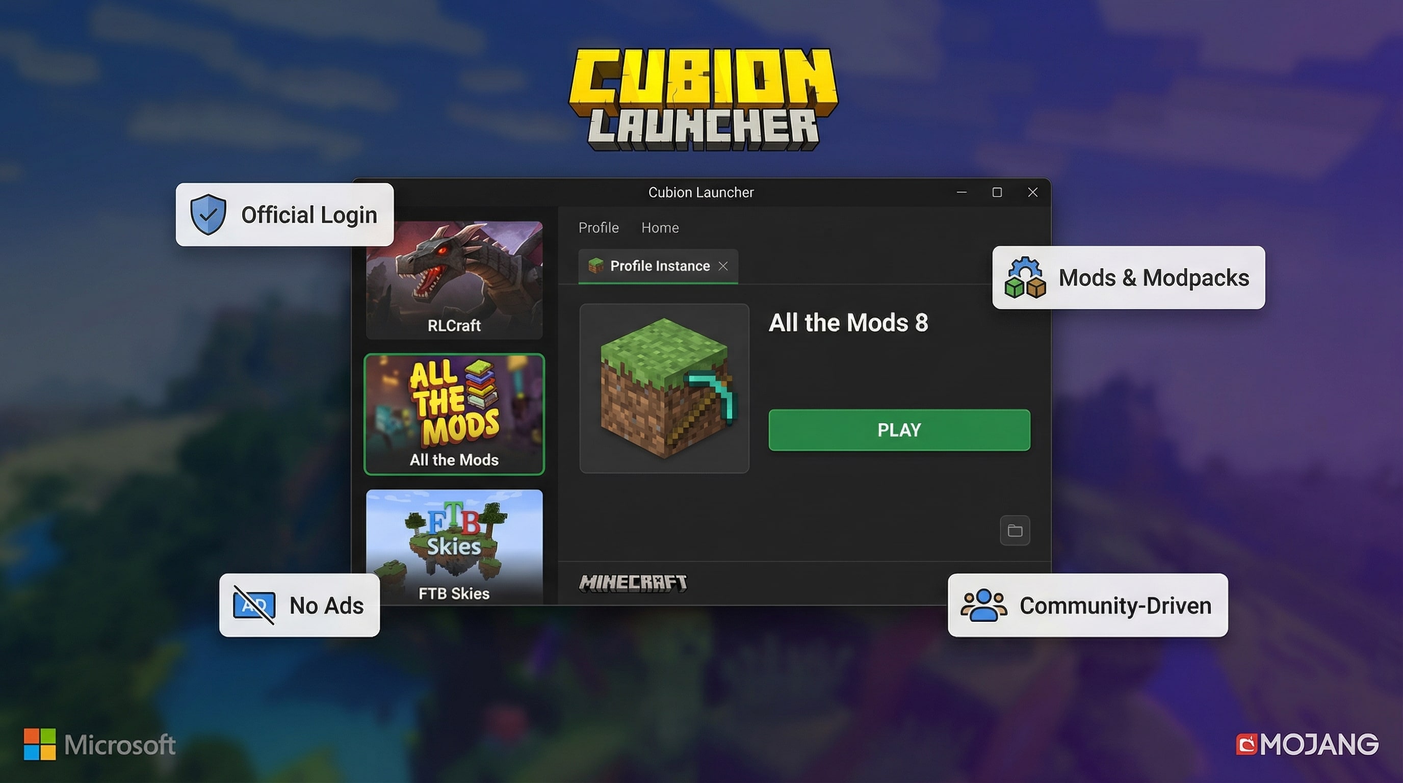 Cubion launcher, a safe Minecraft launcher for modpacks and mods, showing the desktop interface with key features