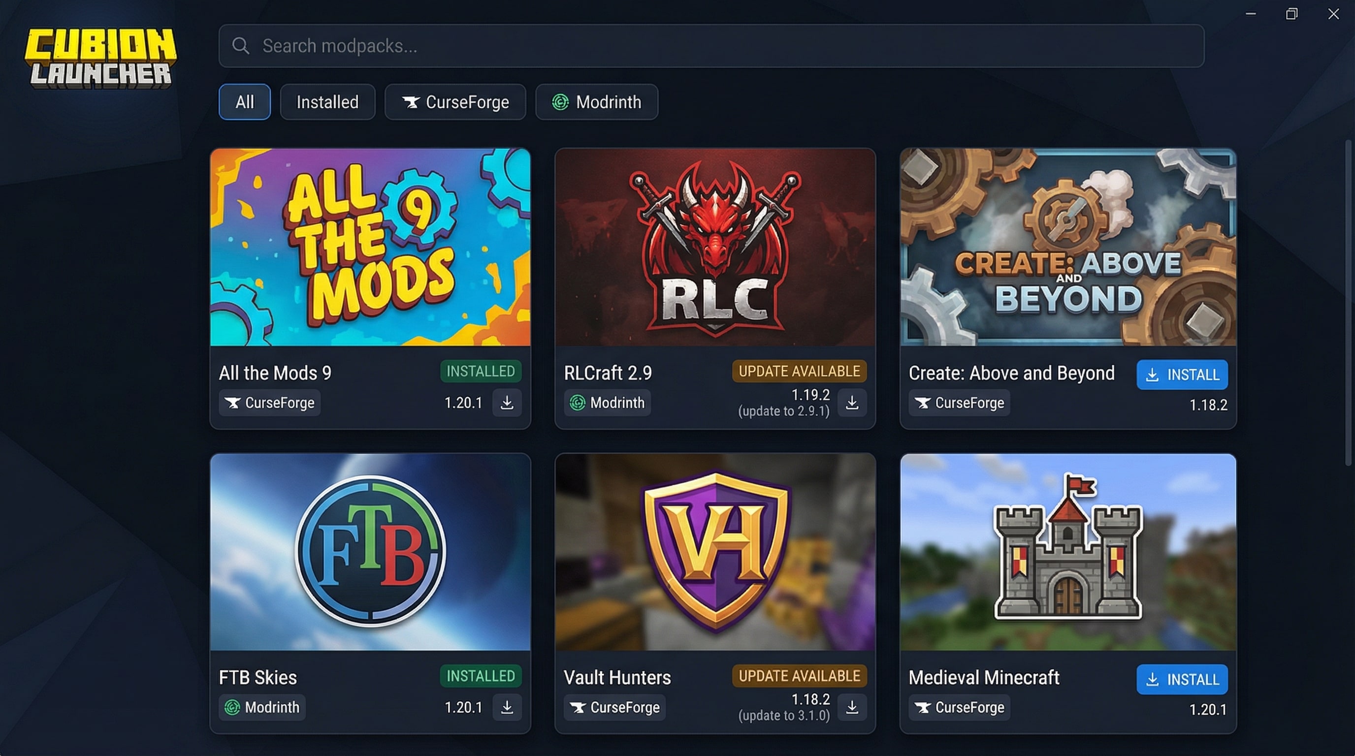 Cubion Minecraft launcher showing modpacks from CurseForge and Modrinth in a clean instance list