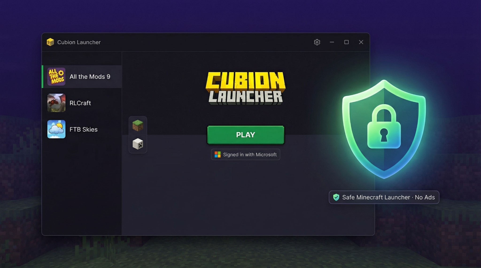 Cubion safe Minecraft launcher interface with a security shield icon and official Microsoft login